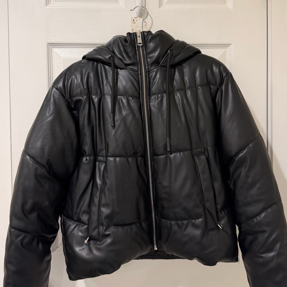 Zara Black Hooded Faux Leather Puffer Jacket - Women's
